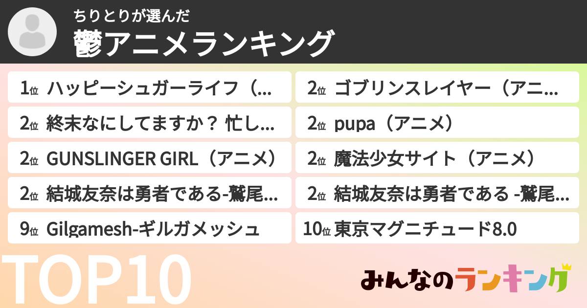 ちりとりさんの「鬱アニメランキング」