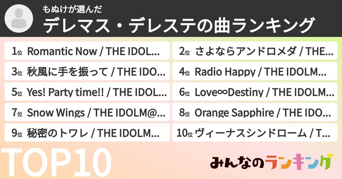 もぬけさんの「デレマス・デレステの曲ランキング」