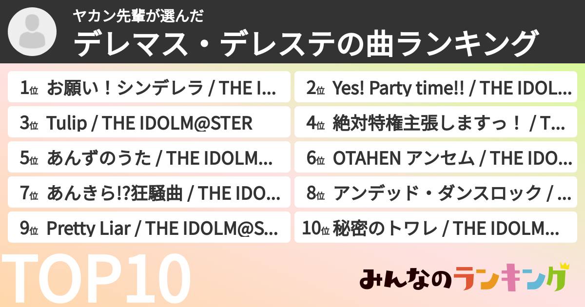 ヤカン先輩さんの「デレマス・デレステの曲ランキング」