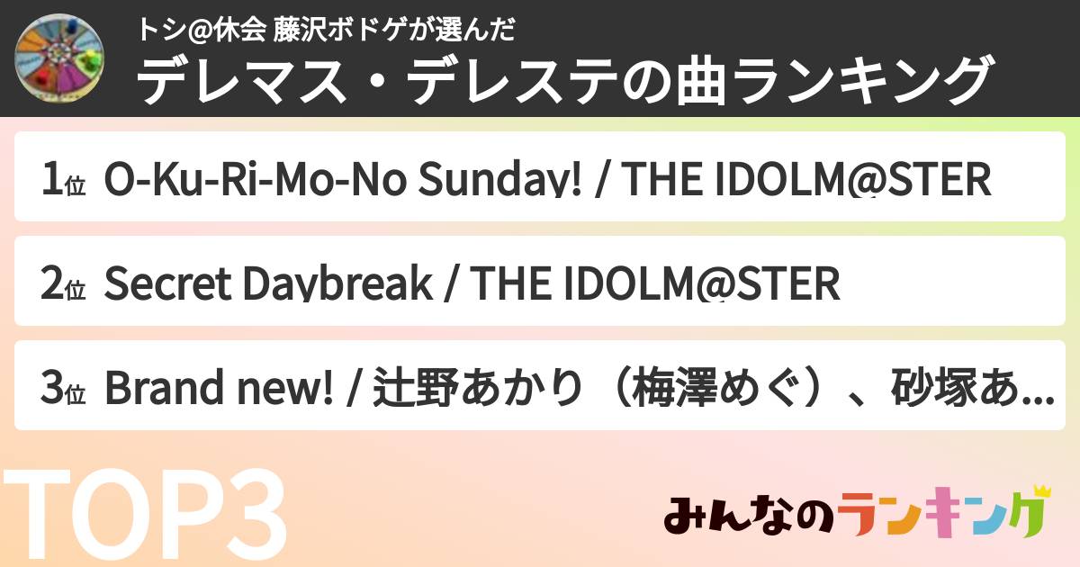 トシ@休会 藤沢ボドゲさんの「デレマス・デレステの曲ランキング」