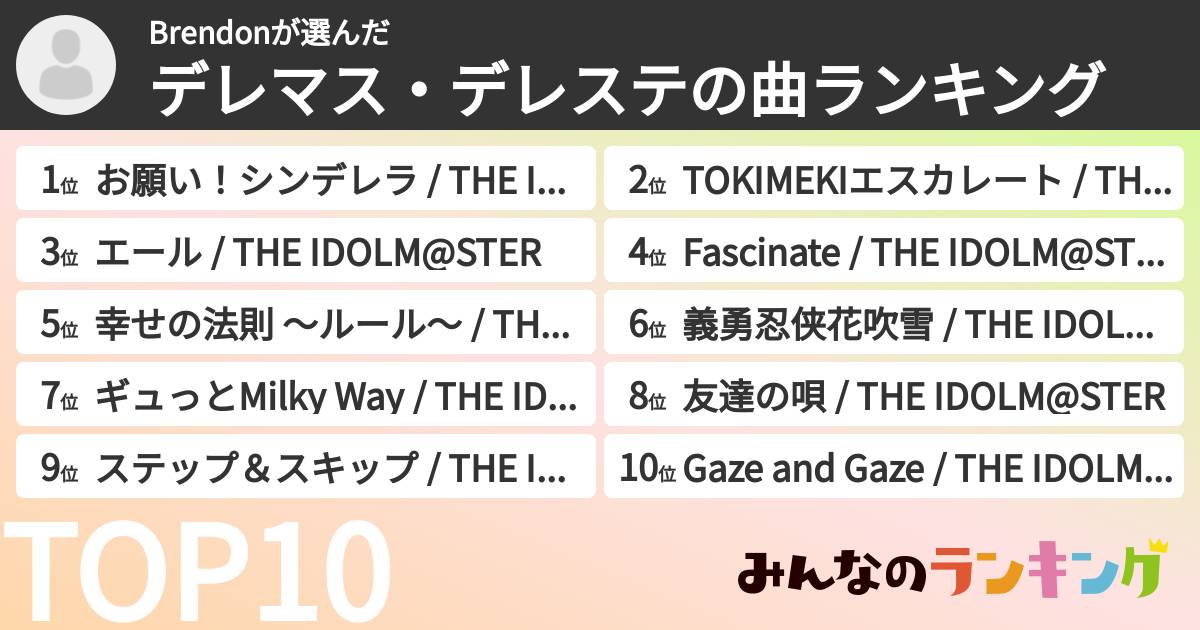 Brendonさんの「デレマス・デレステの曲ランキング」