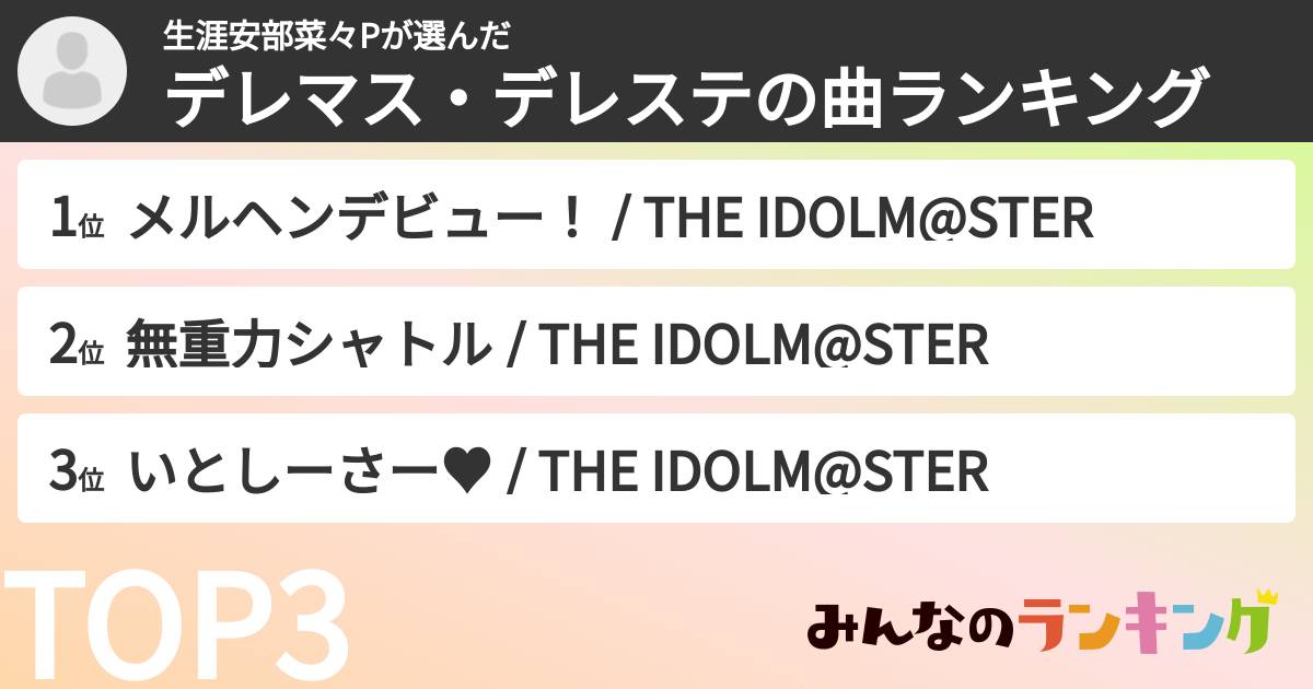 生涯安部菜々Pさんの「デレマス・デレステの曲ランキング」
