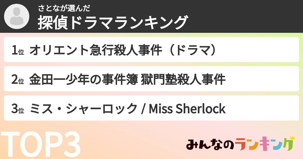 さとなさんの「探偵ドラマランキング」