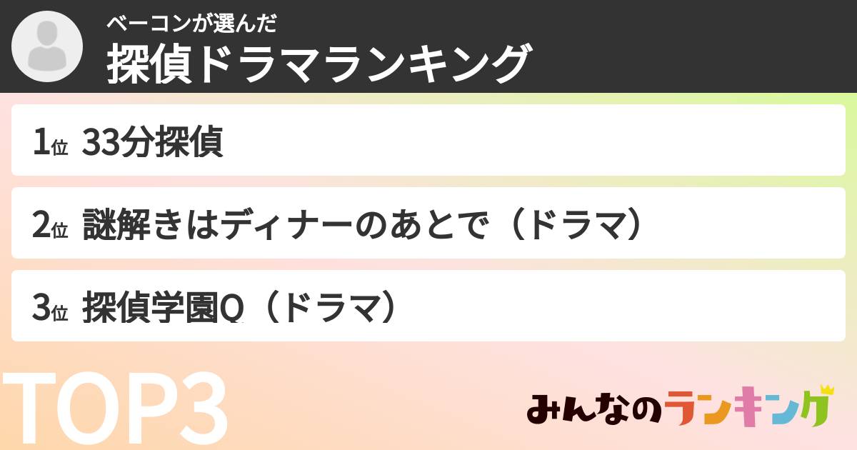 ベーコンさんの「探偵ドラマランキング」
