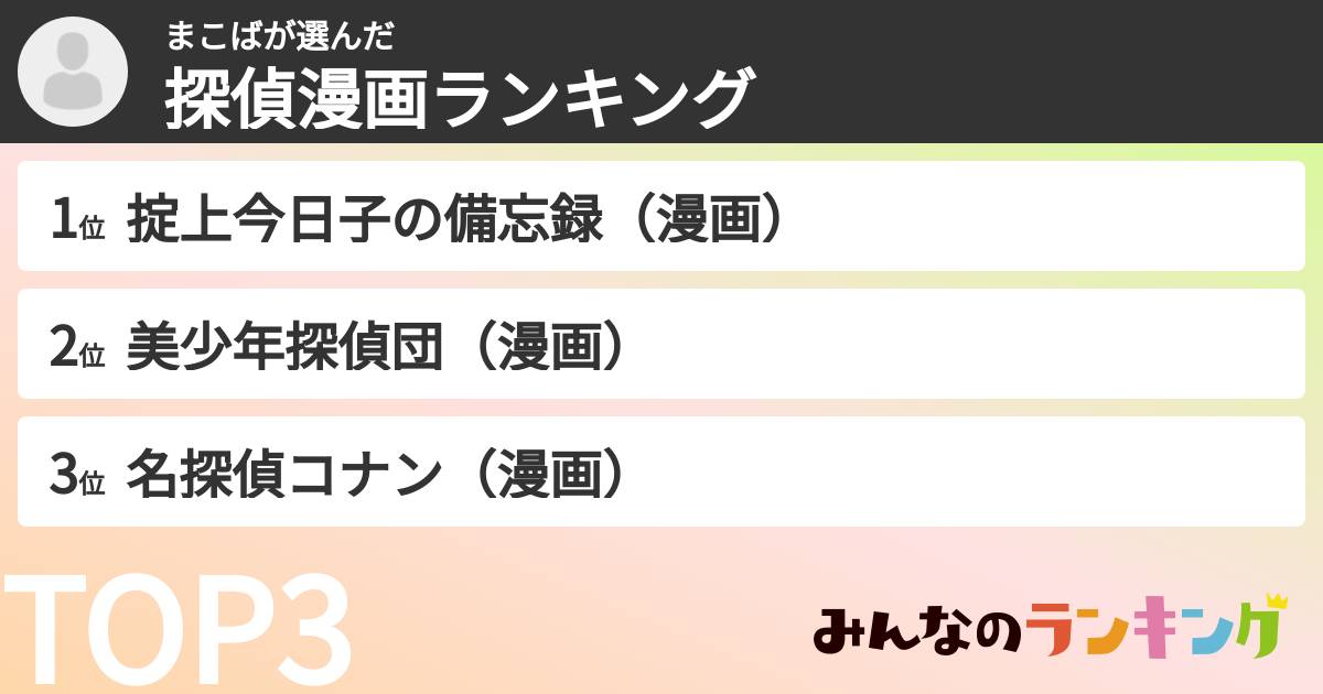 まこばさんの「探偵漫画ランキング」