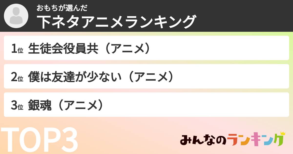 おもちさんの「下ネタアニメランキング」