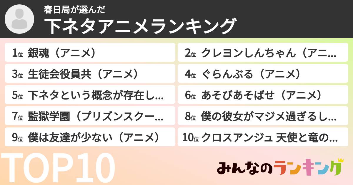 春日局さんの「下ネタアニメランキング」