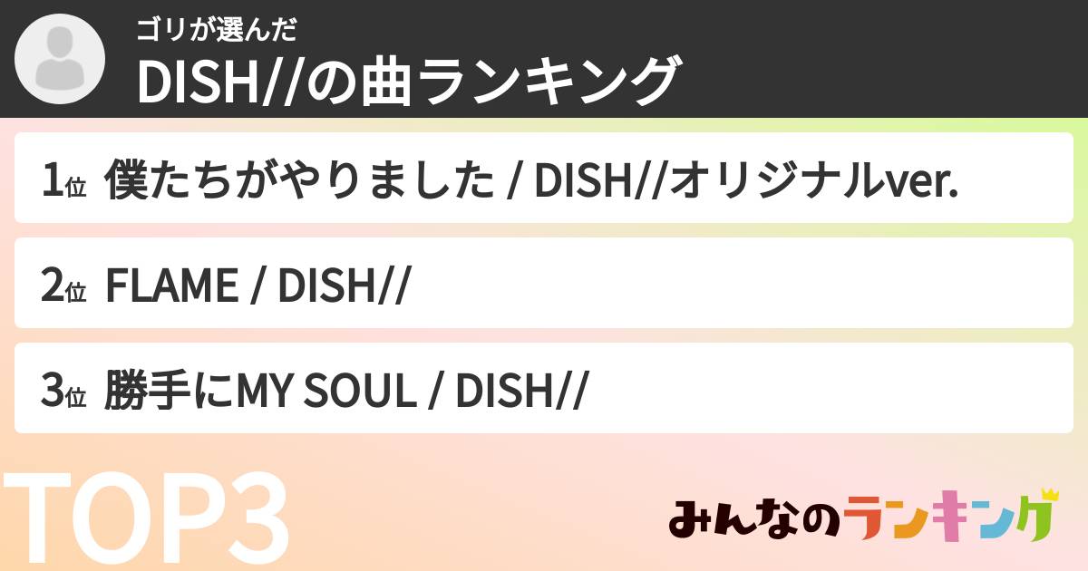 ゴリさんの「DISH//の曲ランキング」