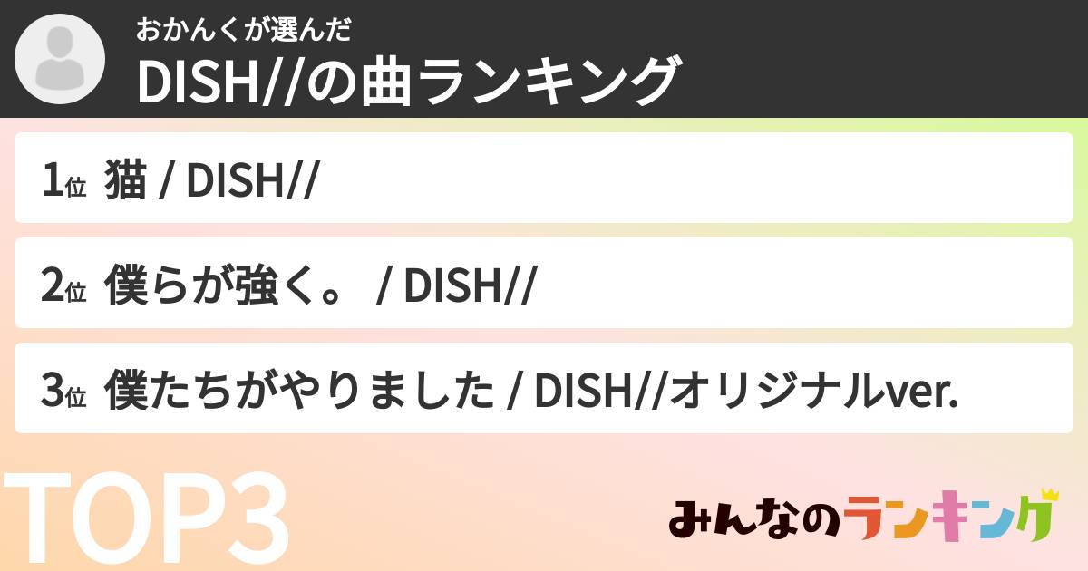 おかんくさんの「DISH//の曲ランキング」