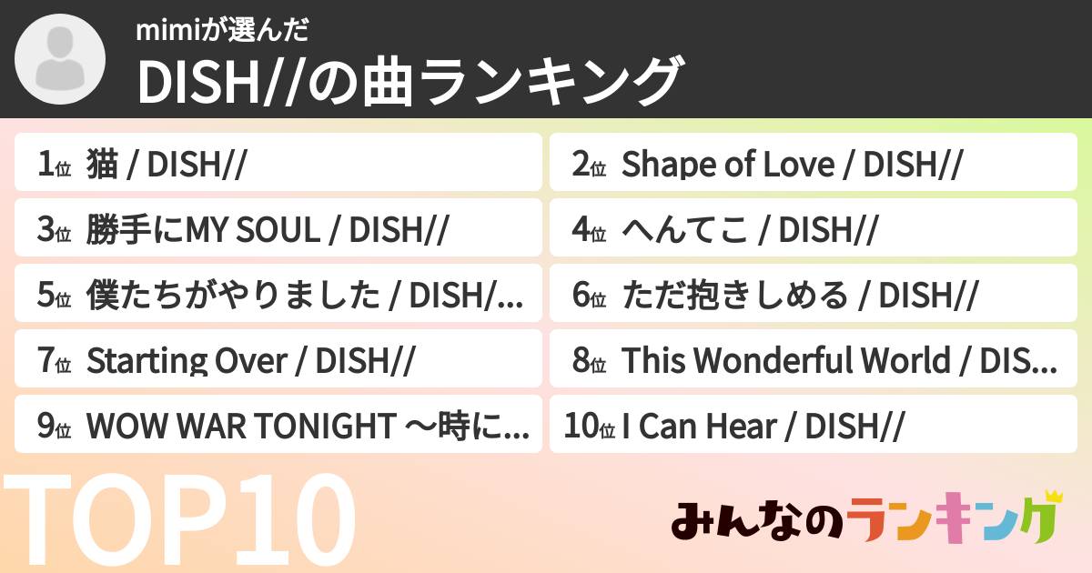 mimiさんの「DISH//の曲ランキング」