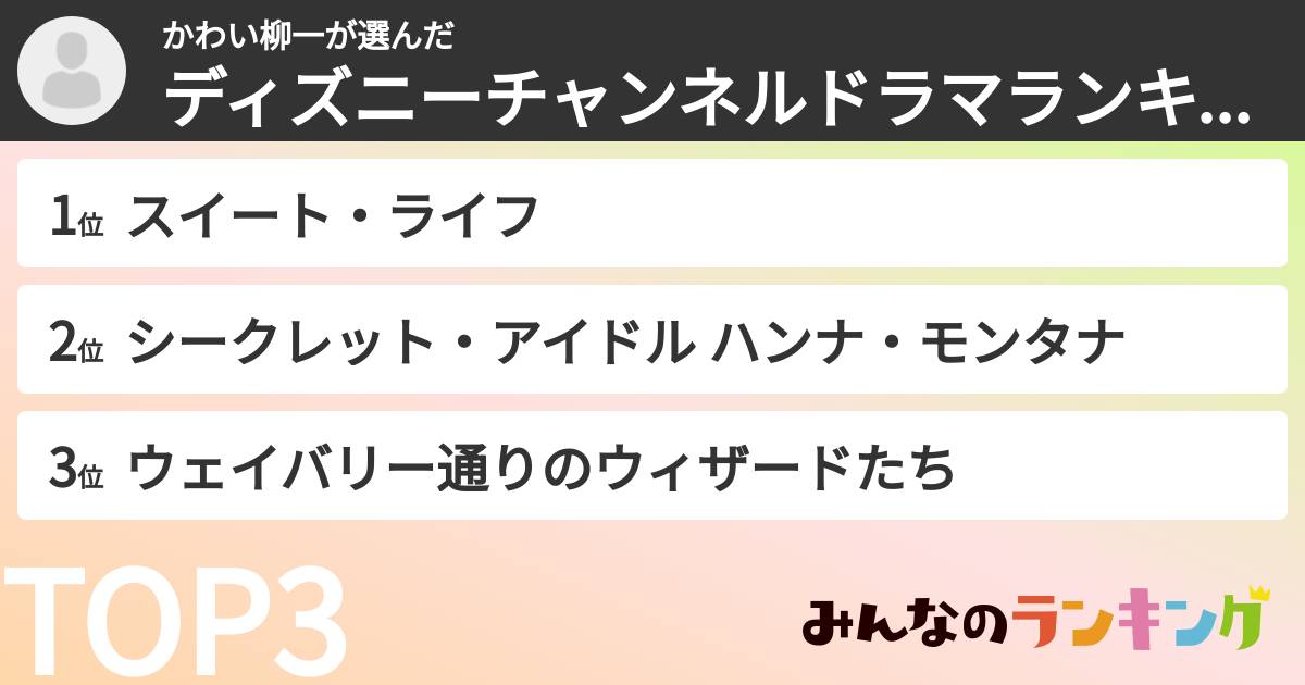 かわい柳一さんの「ディズニーチャンネルドラマランキング」