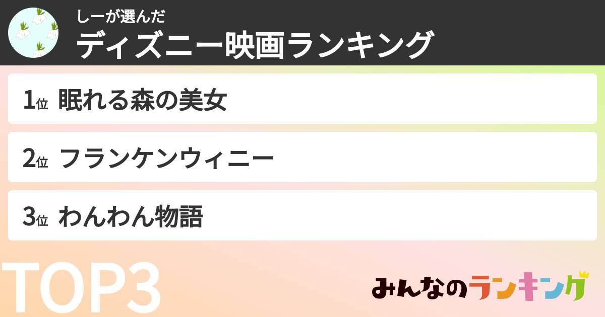 しーさんの「ディズニー映画ランキング」