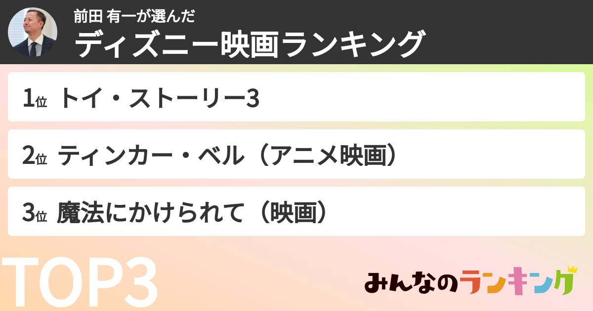 前田 有一さんの「ディズニー映画ランキング」