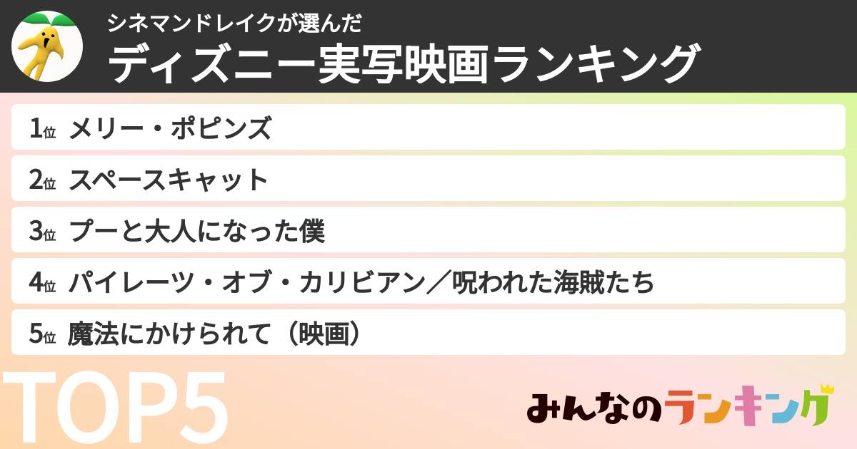 シネマンドレイクさんの「ディズニー実写映画ランキング」