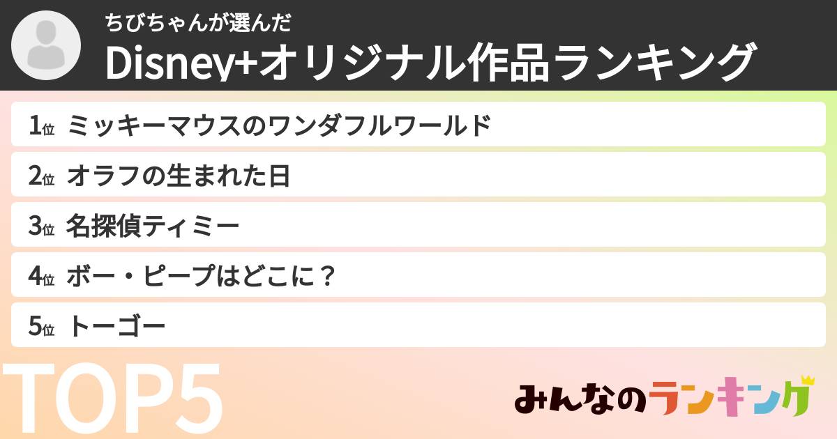 ちびちゃんさんの「Disney+オリジナル作品ランキング」
