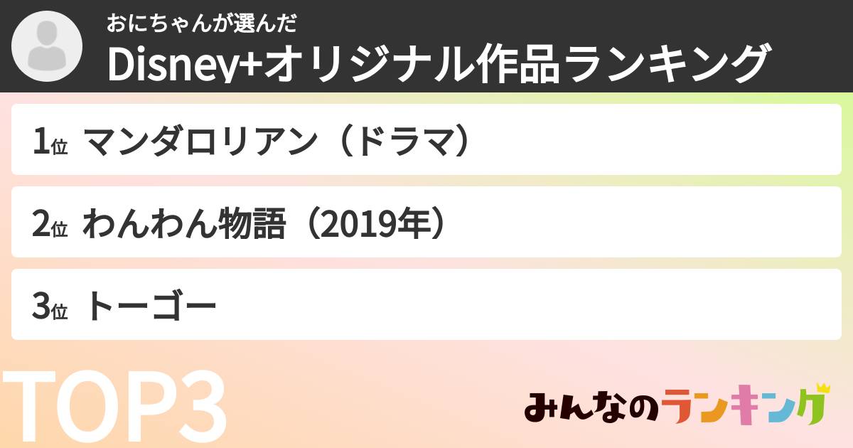 おにちゃんさんの「Disney+オリジナル作品ランキング」