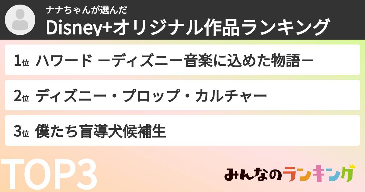 ナナちゃんさんの「Disney+オリジナル作品ランキング」
