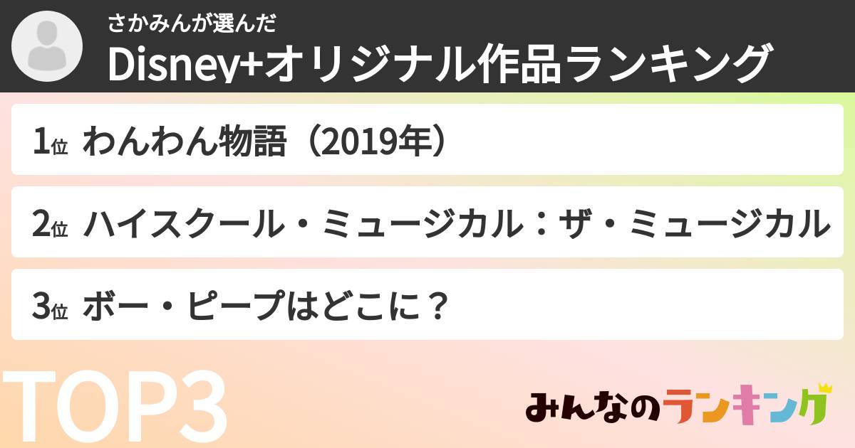 さかみんさんの「Disney+オリジナル作品ランキング」