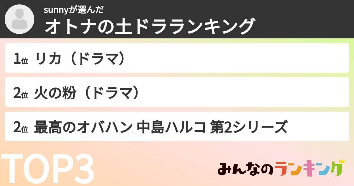 sunnyさんの「オトナの土ドラランキング」