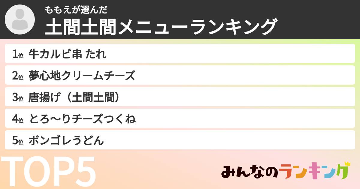 ももえさんの「土間土間メニューランキング」