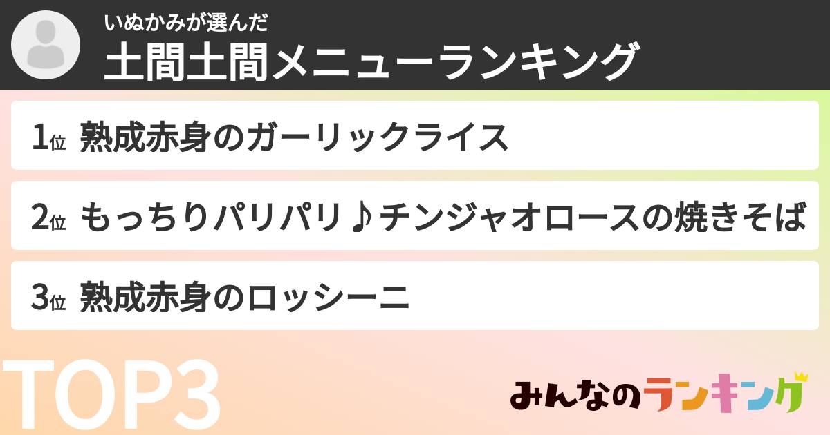 いぬかみさんの「土間土間メニューランキング」
