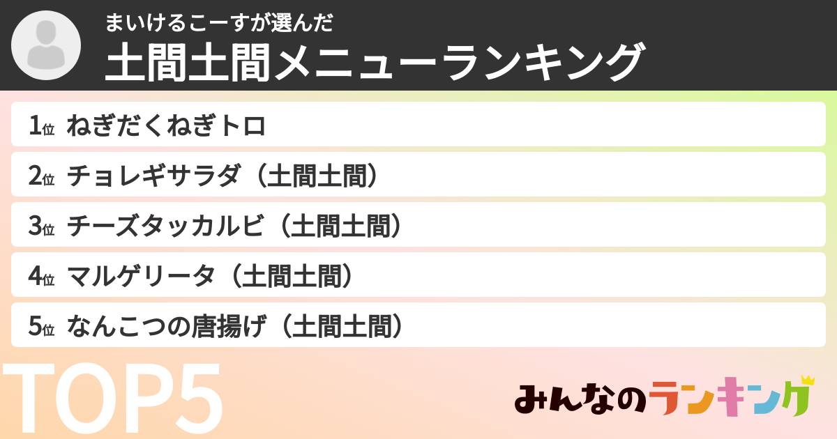 まいけるこーすさんの「土間土間メニューランキング」