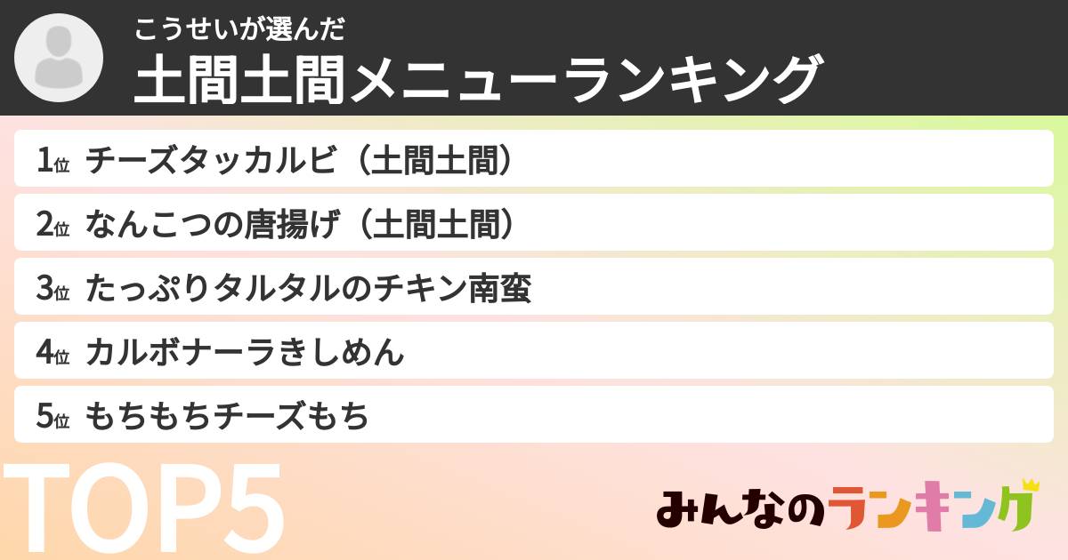 こうせいさんの「土間土間メニューランキング」