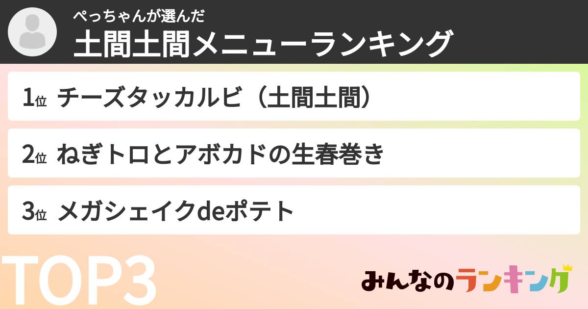 ぺっちゃんさんの「土間土間メニューランキング」