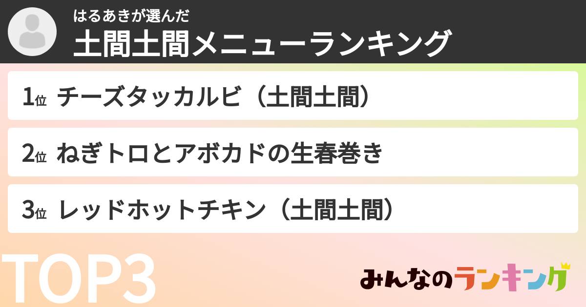 はるあきさんの「土間土間メニューランキング」