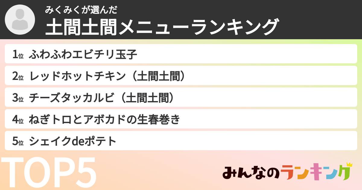 みくみくさんの「土間土間メニューランキング」