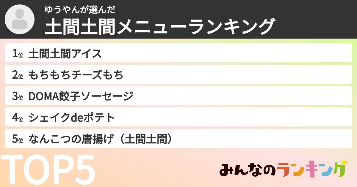 ゆうやんさんの「土間土間メニューランキング」