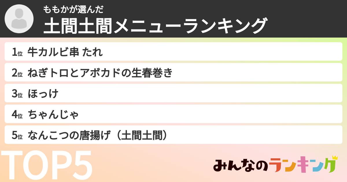ももかさんの「土間土間メニューランキング」