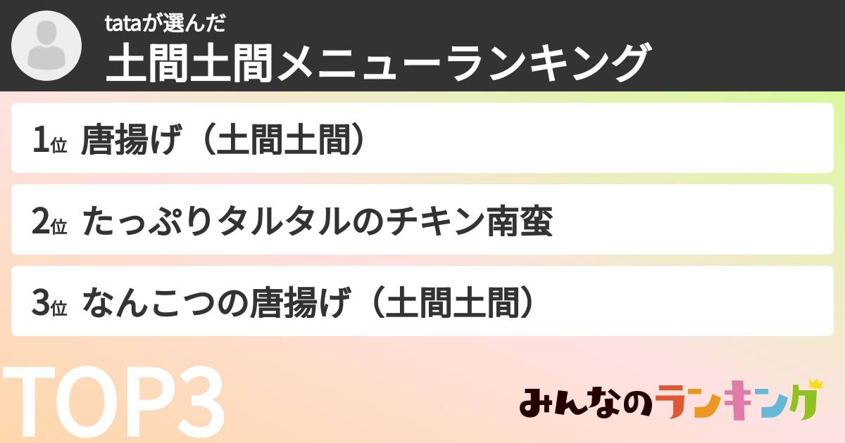 tataさんの「土間土間メニューランキング」