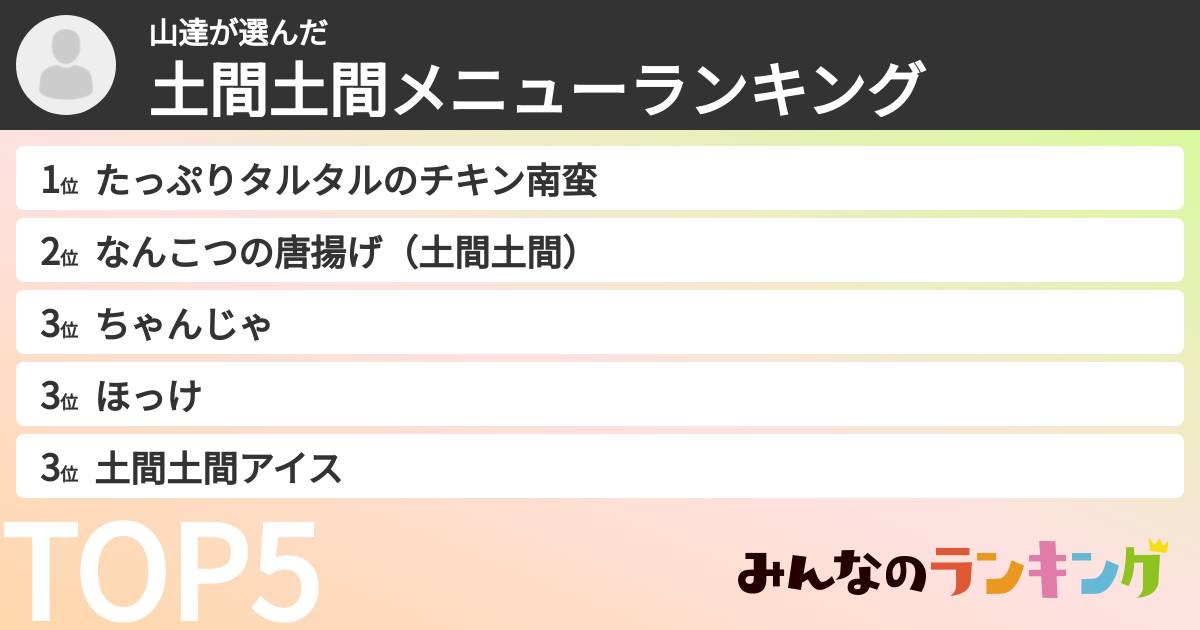 山達さんの「土間土間メニューランキング」