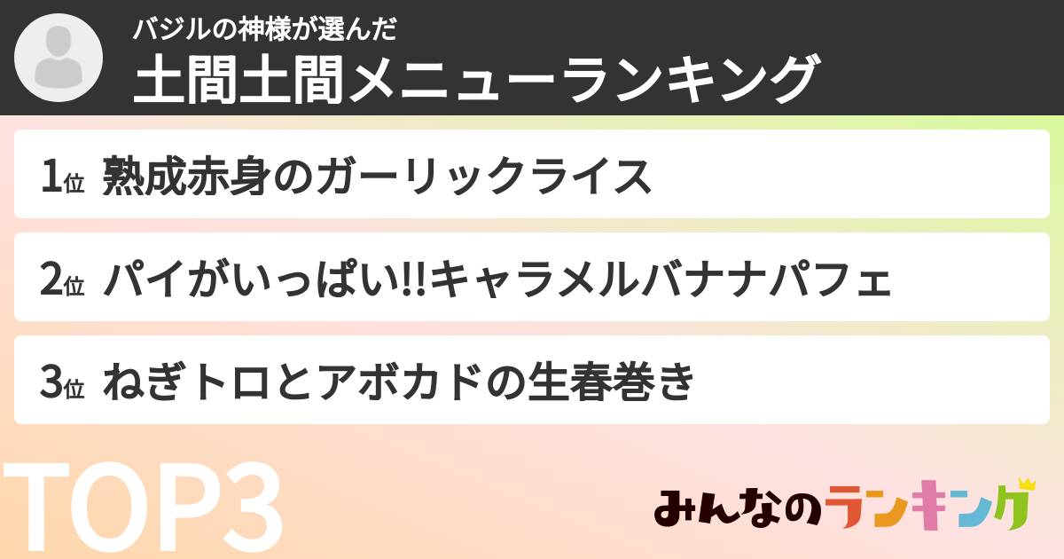 バジルの神様さんの「土間土間メニューランキング」