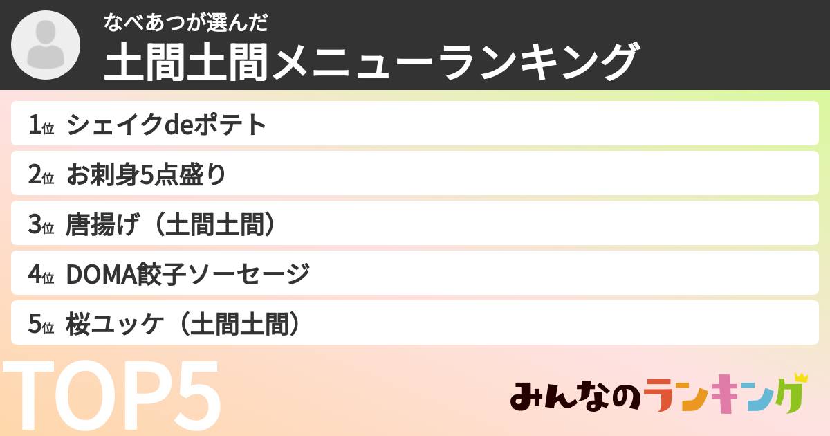 なべあつさんの「土間土間メニューランキング」