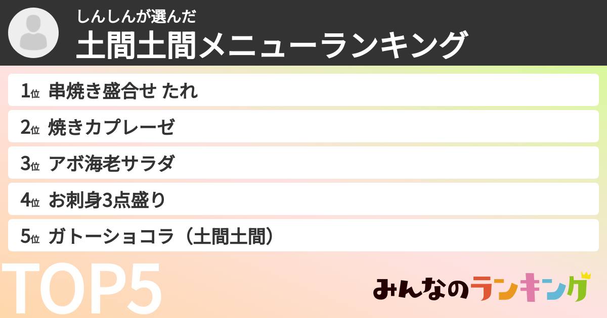 しんしんさんの「土間土間メニューランキング」