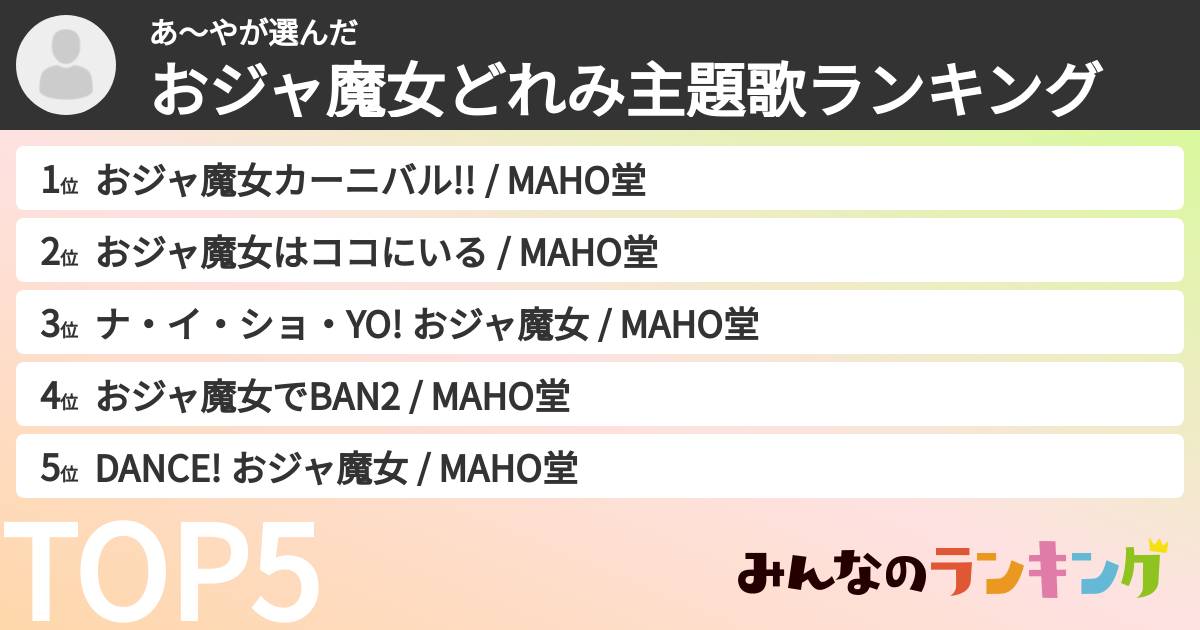 あ～やさんの「おジャ魔女どれみ主題歌ランキング」