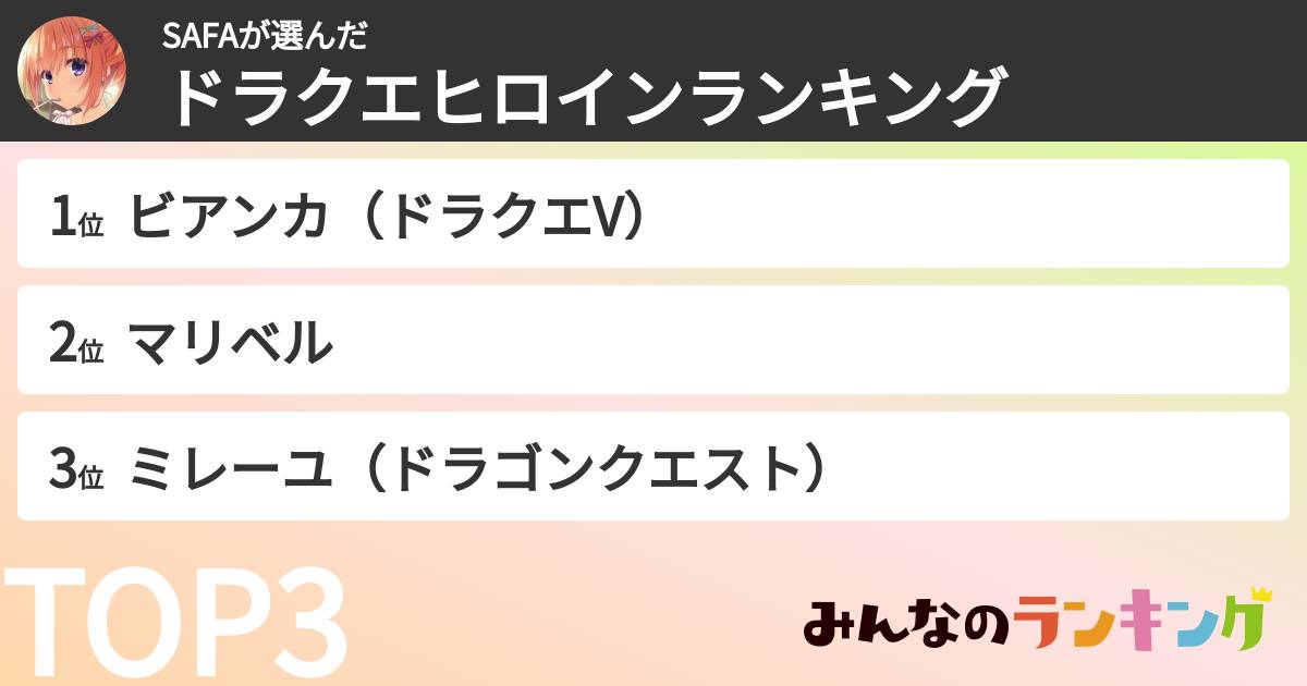 SAFAさんの「ドラクエヒロインランキング」