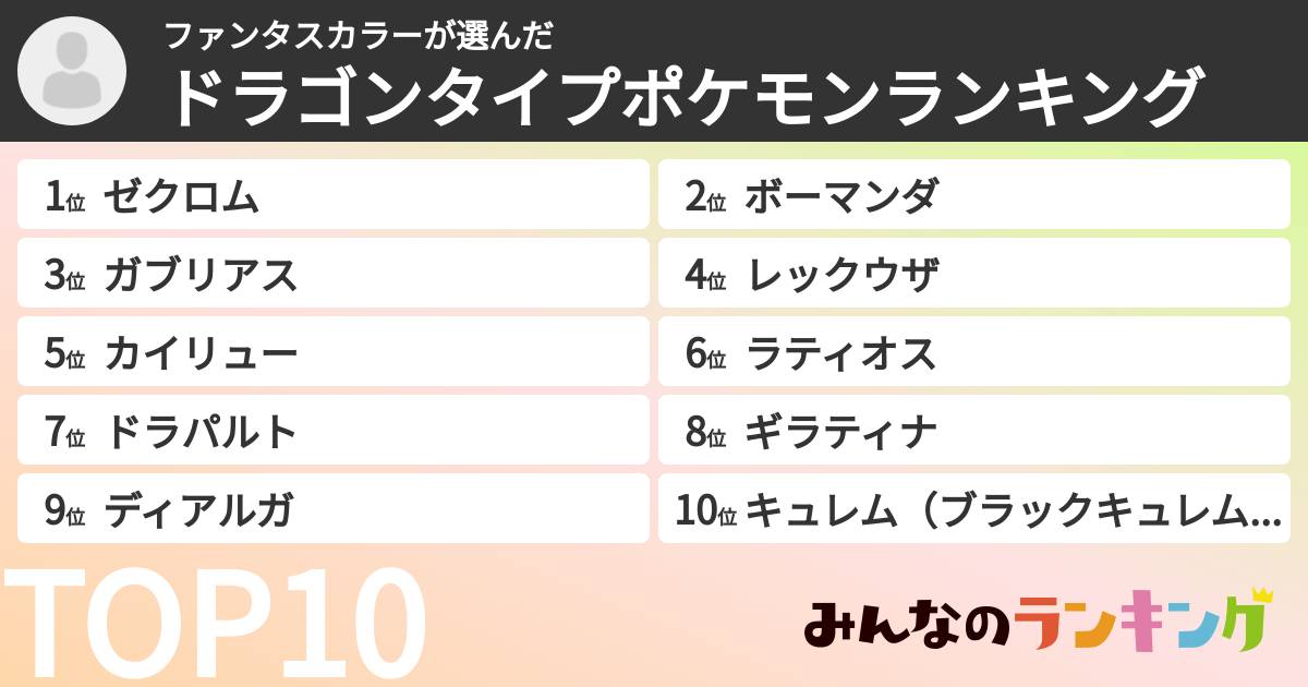 ファンタスカラーさんの「ドラゴンタイプポケモンランキング」