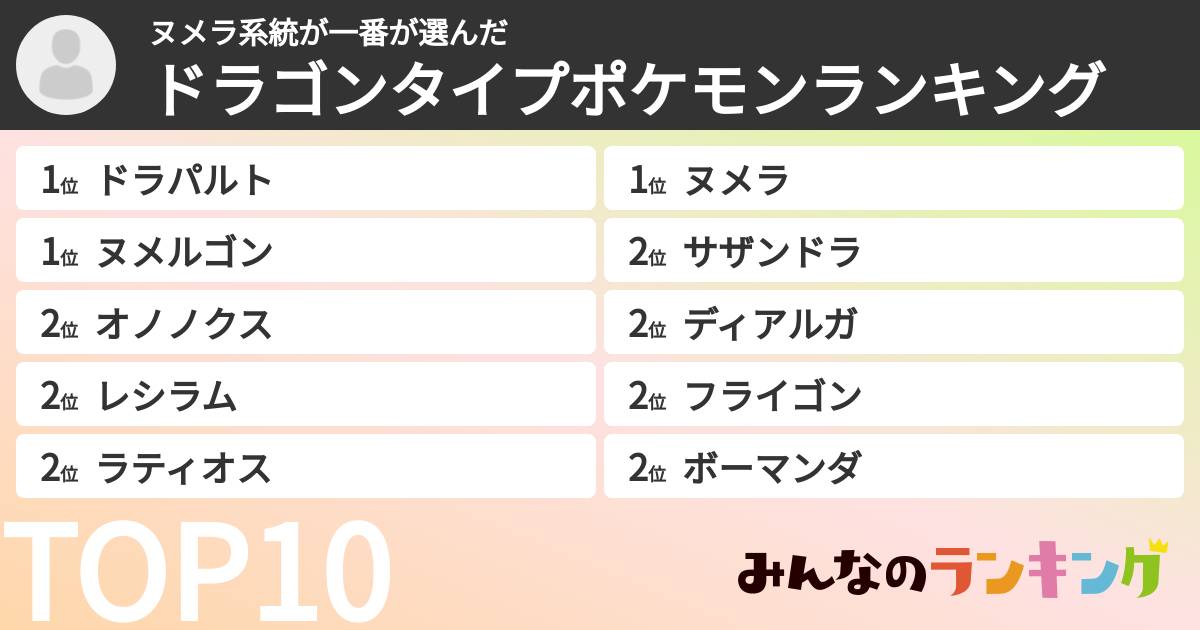ヌメラ系統が一番さんの「ドラゴンタイプポケモンランキング」
