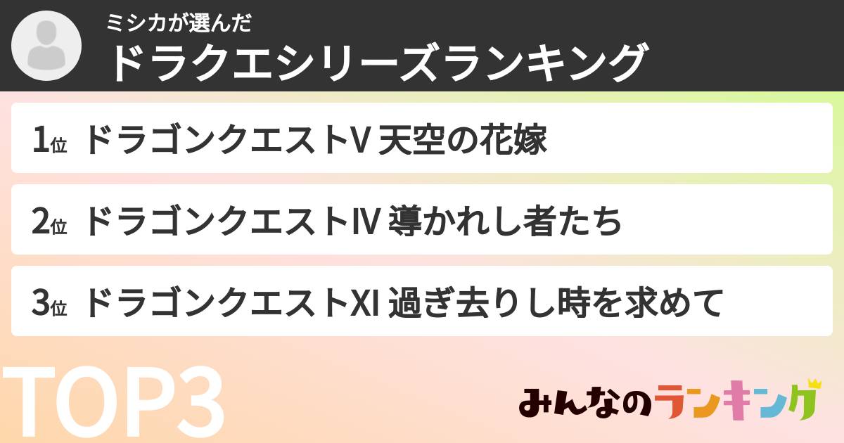 ミシカさんの「ドラクエシリーズランキング」