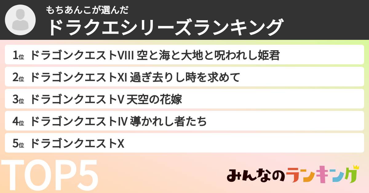 もちあんこさんの「ドラクエシリーズランキング」