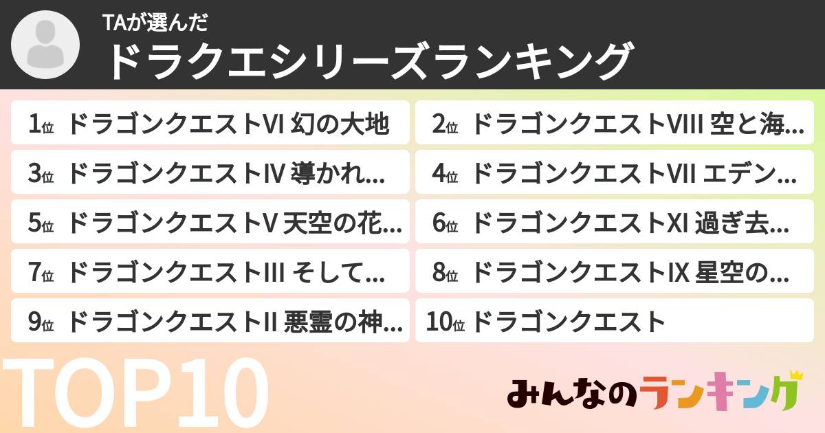 TAさんの「ドラクエシリーズランキング」