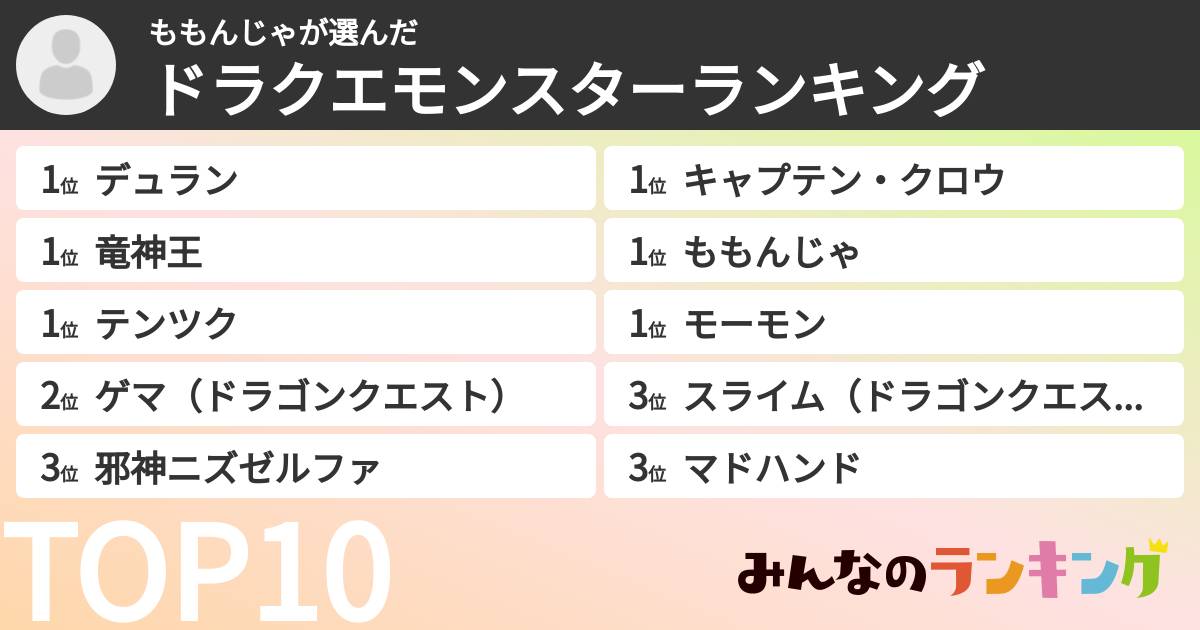 ももんじゃさんの「ドラクエモンスターランキング」