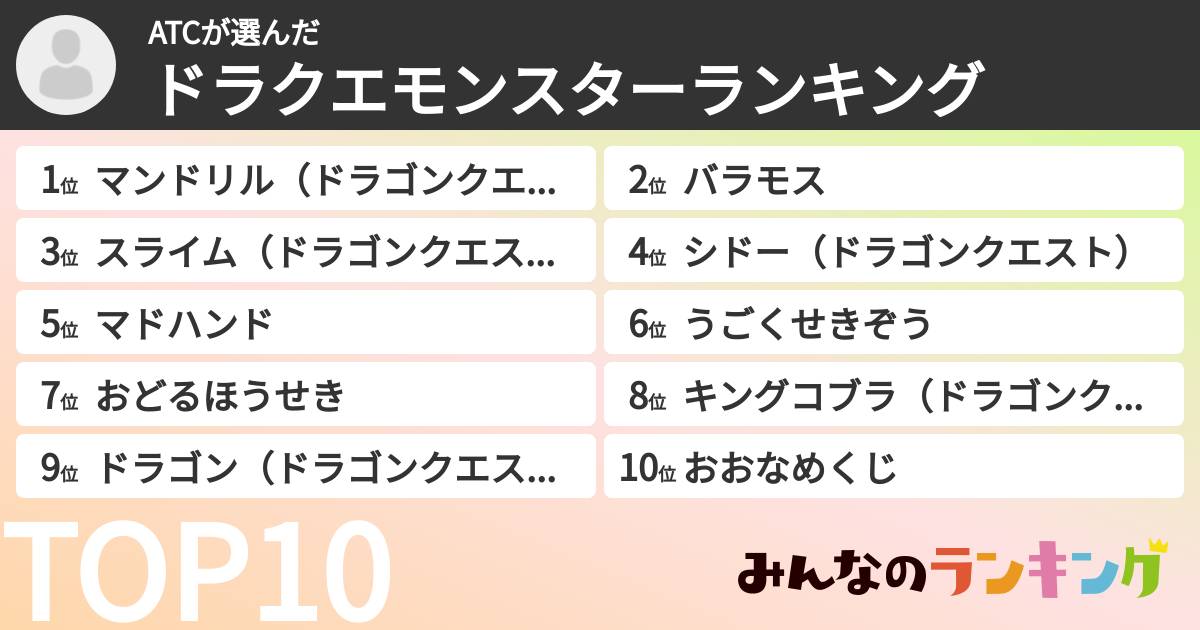 ATCさんの「ドラクエモンスターランキング」