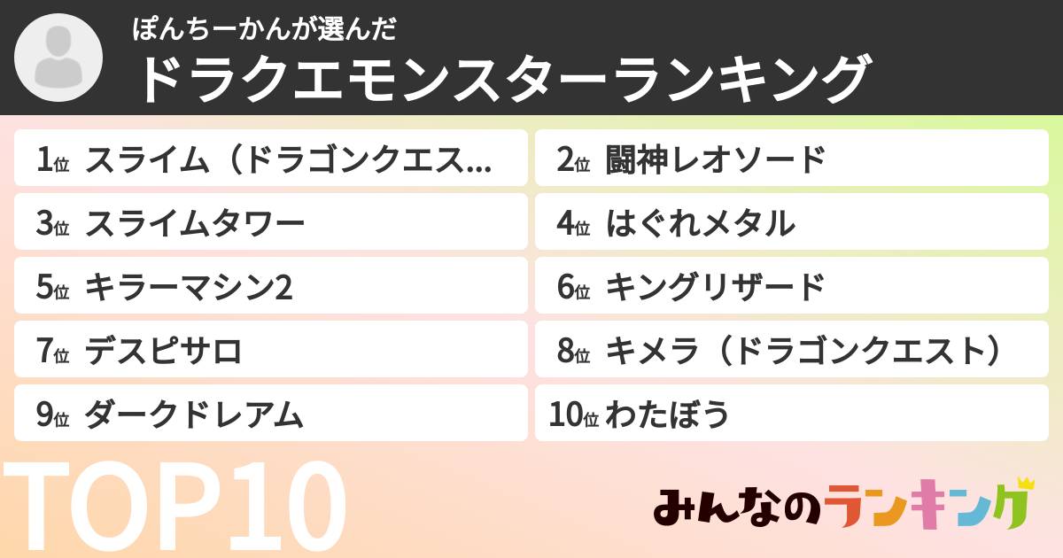 ぽんちーかんさんの「ドラクエモンスターランキング」