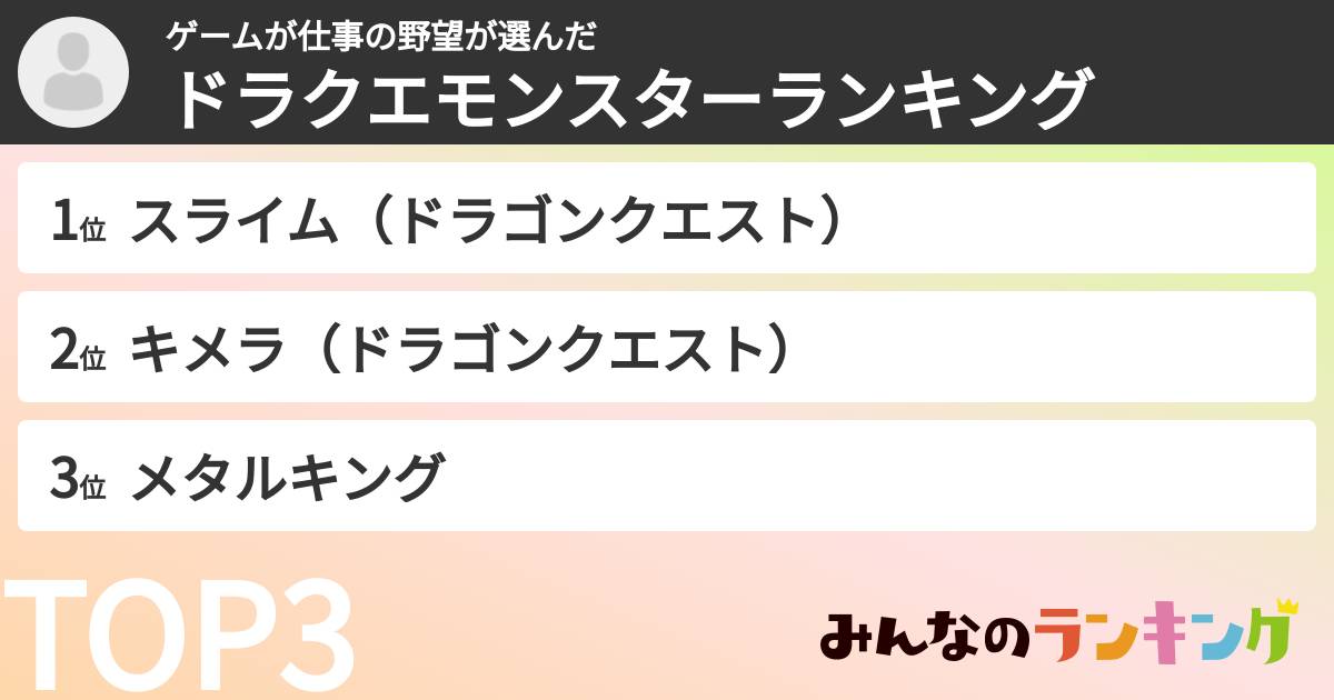 ゲームが仕事の野望さんの「ドラクエモンスターランキング」