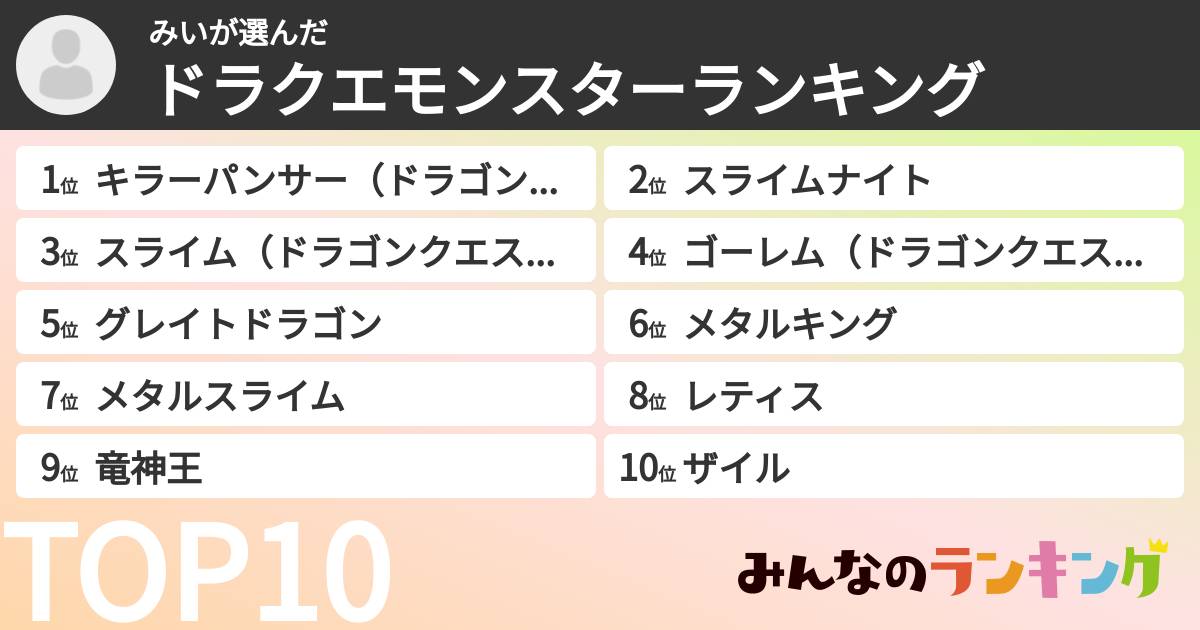 みいさんの「ドラクエモンスターランキング」