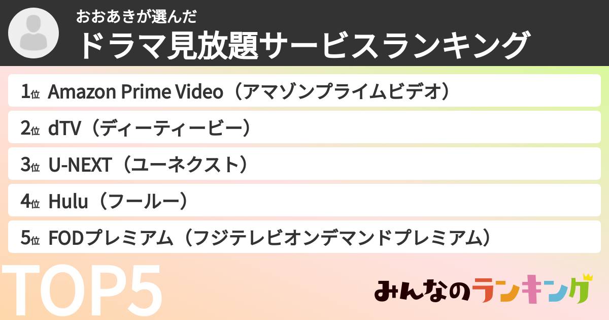 おおあきさんの「ドラマ見放題サービスランキング」